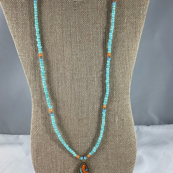 Hand Crafted Pendant Necklace Seed Beads Turquoise Orange Gold tone findings - Picture 6 of 8